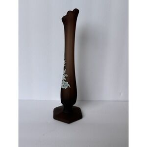 Vintage Westmoreland Brown Satin Glass Hand Painted Floral Bud Vase 10" Tall